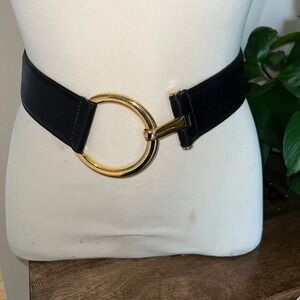 WCM New‎ York Black Leather Belt Gold Circle Buckle Genuine Calfskin Made in USA